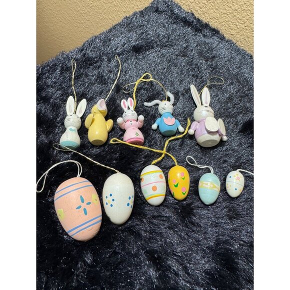 Hand-Painted Wooden Easter Bunny & Egg Ornaments Set For Spring Decor - Picture 1 of 10